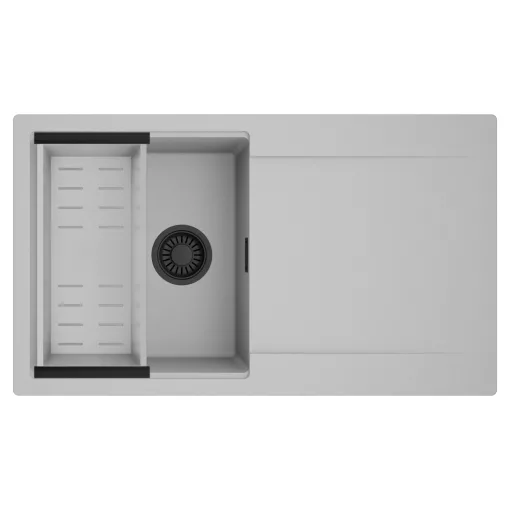 HD Onyx Grey 86 egymedencés mosogatótálca szett, acél csepegtetőkosárral, csepegtetőtálcával, alpesi szürke színben, matt fekete leeresztő szifonnal