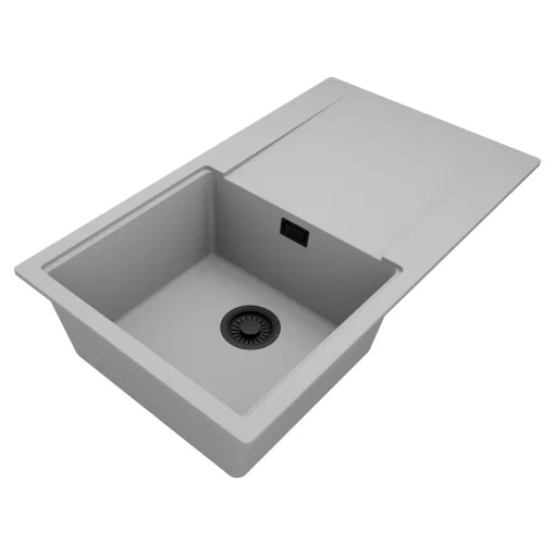 HD Onyx Grey 86 egymedencés mosogatótálca, csepegtetőtálcával, alpesi szürke színben, matt fekete leeresztő szifonnal