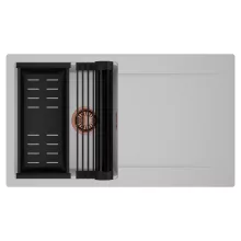 HD Onyx Grey 86 egymedencés mosogatótálca szett, matt fekete csepegtetőráccsal és kosárral, csepegtetőtálcával, alpesi szürke színben, szálcsiszolt réz leeresztő szifonnal