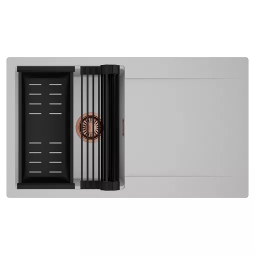 HD Onyx Grey 86 egymedencés mosogatótálca szett, matt fekete csepegtetőráccsal és kosárral, csepegtetőtálcával, alpesi szürke színben, szálcsiszolt réz leeresztő szifonnal