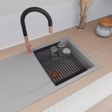 HD Onyx Grey 86 egymedencés mosogatótálca szett, matt fekete csepegtetőráccsal és kosárral, csepegtetőtálcával, alpesi szürke színben, szálcsiszolt réz leeresztő szifonnal