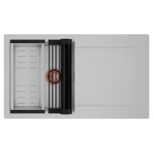 HD Onyx Grey 86 egymedencés mosogatótálca szett, matt fekete csepegtetőráccsal és krómozott kosárral, csepegtetőtálcával, alpesi szürke színben, szálcsiszolt réz leeresztő szifonnal