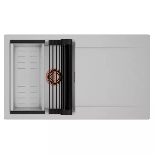 HD Onyx Grey 86 egymedencés mosogatótálca szett, matt fekete csepegtetőráccsal és krómozott kosárral, csepegtetőtálcával, alpesi szürke színben, szálcsiszolt réz leeresztő szifonnal