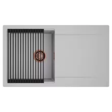 HD Onyx Grey 86 egymedencés mosogatótálca szett, matt fekete csepegtetőráccsal, csepegtetőtálcával, alpesi szürke színben, szálcsiszolt réz leeresztő szifonnal