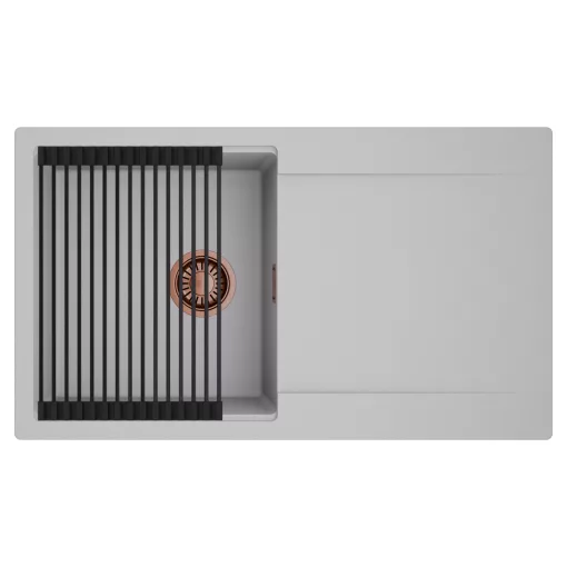 HD Onyx Grey 86 egymedencés mosogatótálca szett, matt fekete csepegtetőráccsal, csepegtetőtálcával, alpesi szürke színben, szálcsiszolt réz leeresztő szifonnal