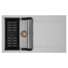 HD Onyx Grey 86 egymedencés mosogatótálca szett, acél csepegtetőráccsal és matt fekete kosárral, csepegtetőtálcával, alpesi szürke színben, szálcsiszolt réz leeresztő szifonnal