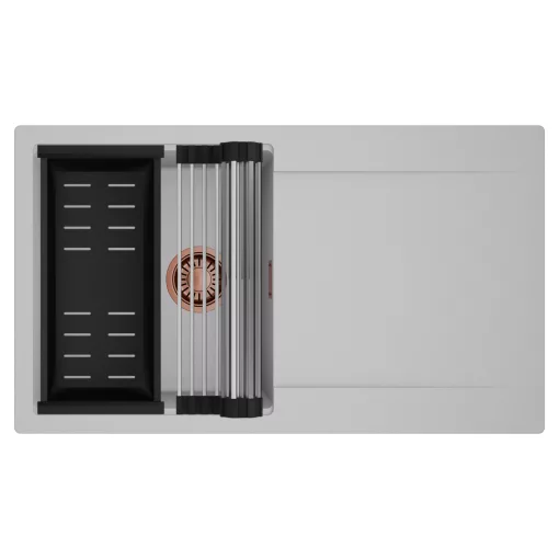 HD Onyx Grey 86 egymedencés mosogatótálca szett, acél csepegtetőráccsal és matt fekete kosárral, csepegtetőtálcával, alpesi szürke színben, szálcsiszolt réz leeresztő szifonnal