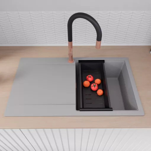 HD Onyx Grey 86 egymedencés mosogatótálca szett, acél csepegtetőráccsal és matt fekete kosárral, csepegtetőtálcával, alpesi szürke színben, szálcsiszolt réz leeresztő szifonnal