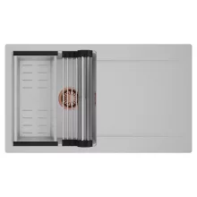 HD Onyx Grey 86 egymedencés mosogatótálca szett, acél csepegtetőráccsal és kosárral, csepegtetőtálcával, alpesi szürke színben, szálcsiszolt réz leeresztő szifonnal