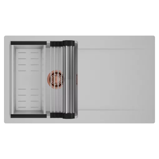 HD Onyx Grey 86 egymedencés mosogatótálca szett, acél csepegtetőráccsal és kosárral, csepegtetőtálcával, alpesi szürke színben, szálcsiszolt réz leeresztő szifonnal