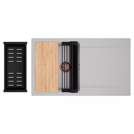 HD Onyx Grey 86 egymedencés gránit mosogatótálca szett, csepegtetőtálcával, vágódeszkával, matt fekete csepegtetőráccsal és kosárral, alpesi szürke színben, szálcsiszolt réz leeresztő szifonnal