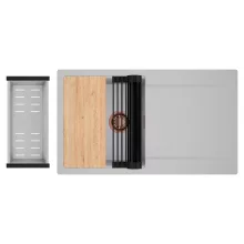 HD Onyx Grey 86 egymedencés gránit mosogatótálca szett, csepegtetőtálcával, vágódeszkával, matt fekete csepegtetőráccsal és krómozott kosárral, alpesi szürke színben, szálcsiszolt réz leeresztő szifonnal