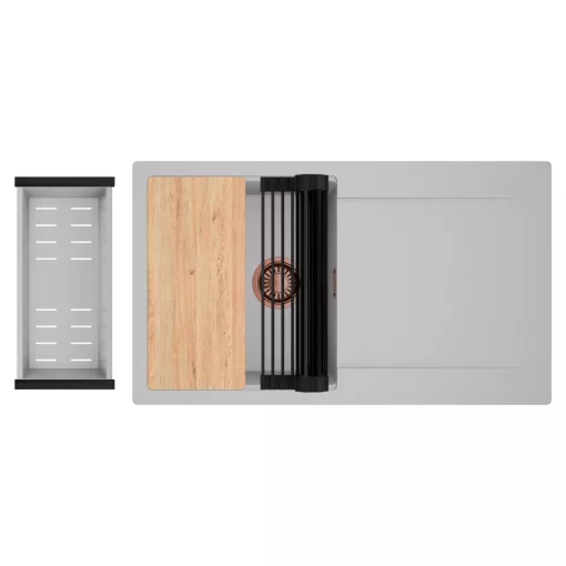 HD Onyx Grey 86 egymedencés gránit mosogatótálca szett, csepegtetőtálcával, vágódeszkával, matt fekete csepegtetőráccsal és krómozott kosárral, alpesi szürke színben, szálcsiszolt réz leeresztő szifonnal