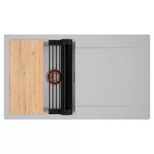 HD Onyx Grey 86 egymedencés gránit mosogatótálca szett, csepegtetőtálcával, vágódeszkával, matt fekete csepegtetőráccsal, alpesi szürke színben, szálcsiszolt réz leeresztő szifonnal