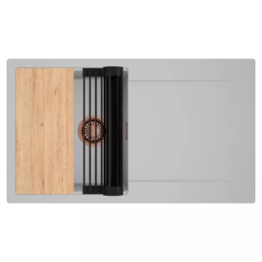 HD Onyx Grey 86 egymedencés gránit mosogatótálca szett, csepegtetőtálcával, vágódeszkával, matt fekete csepegtetőráccsal, alpesi szürke színben, szálcsiszolt réz leeresztő szifonnal