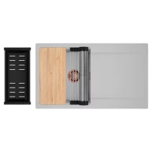 HD Onyx Grey 86 egymedencés gránit mosogatótálca szett, csepegtetőtálcával, vágódeszkával, acél csepegtetőráccsal és matt fekete kosárral, alpesi szürke színben, szálcsiszolt réz leeresztő szifonnal