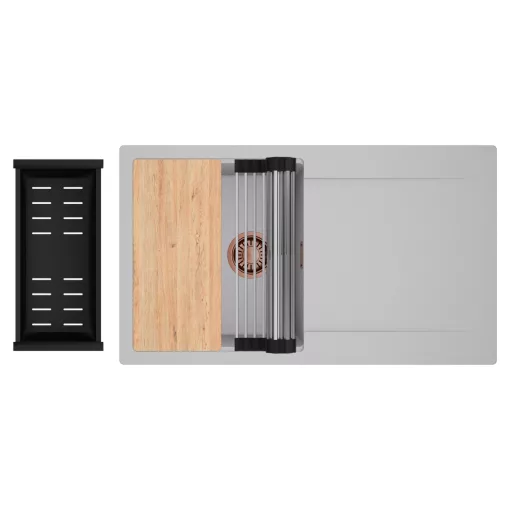 HD Onyx Grey 86 egymedencés gránit mosogatótálca szett, csepegtetőtálcával, vágódeszkával, acél csepegtetőráccsal és matt fekete kosárral, alpesi szürke színben, szálcsiszolt réz leeresztő szifonnal