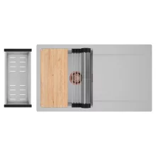 HD Onyx Grey 86 egymedencés gránit mosogatótálca szett, csepegtetőtálcával, vágódeszkával, acél csepegtetőráccsal és kosárral, alpesi szürke színben, szálcsiszolt réz leeresztő szifonnal