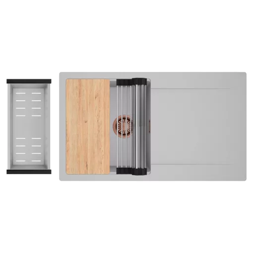 HD Onyx Grey 86 egymedencés gránit mosogatótálca szett, csepegtetőtálcával, vágódeszkával, acél csepegtetőráccsal és kosárral, alpesi szürke színben, szálcsiszolt réz leeresztő szifonnal