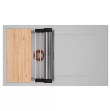 HD Onyx Grey 86 egymedencés gránit mosogatótálca szett, csepegtetőtálcával, vágódeszkával, acél csepegtetőráccsal, alpesi szürke színben, szálcsiszolt réz leeresztő szifonnal