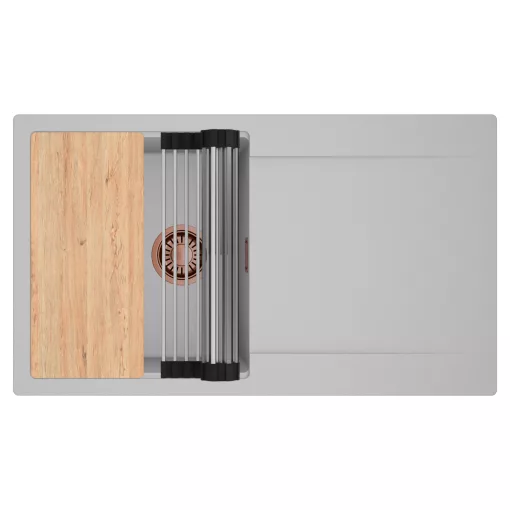 HD Onyx Grey 86 egymedencés gránit mosogatótálca szett, csepegtetőtálcával, vágódeszkával, acél csepegtetőráccsal, alpesi szürke színben, szálcsiszolt réz leeresztő szifonnal