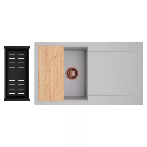 HD Onyx Grey 86 egymedencés gránit mosogatótálca szett, csepegtetőtálcával, vágódeszkával, matt fekete csepegtetőkosárral, alpesi szürke színben, szálcsiszolt réz leeresztő szifonnal