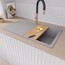 HD Onyx Grey 86 egymedencés gránit mosogatótálca szett, csepegtetőtálcával, vágódeszkával, matt fekete csepegtetőkosárral, alpesi szürke színben, szálcsiszolt réz leeresztő szifonnal