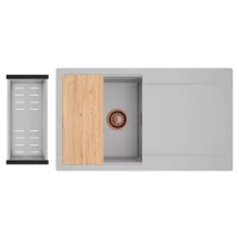 HD Onyx Grey 86 egymedencés gránit mosogatótálca szett, csepegtetőtálcával, vágódeszkával, acél csepegtetőkosárral, alpesi szürke színben, szálcsiszolt réz leeresztő szifonnal