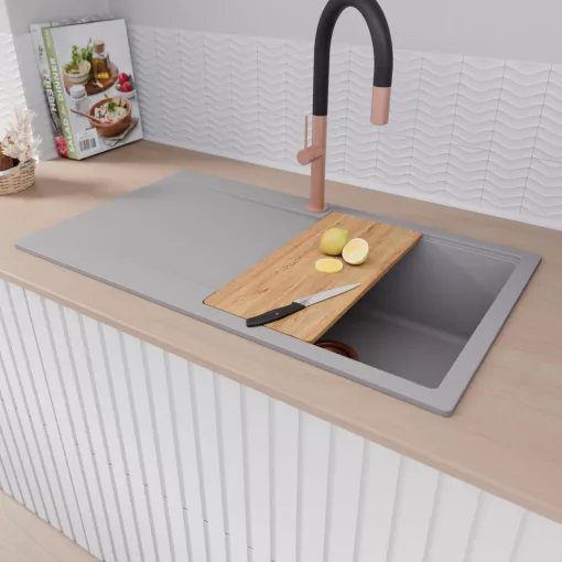 HD Onyx Grey 86 egymedencés gránit mosogatótálca szett, csepegtetőtálcával, vágódeszkával, acél csepegtetőkosárral, alpesi szürke színben, szálcsiszolt réz leeresztő szifonnal