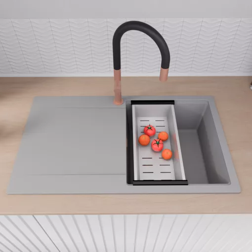 HD Onyx Grey 86 egymedencés gránit mosogatótálca szett, csepegtetőtálcával, vágódeszkával, acél csepegtetőkosárral, alpesi szürke színben, szálcsiszolt réz leeresztő szifonnal