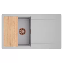 HD Onyx Grey 86 egymedencés gránit mosogatótálca, vágódeszkával, alpesi szürke színben, szálcsiszolt réz leeresztő szifonnal