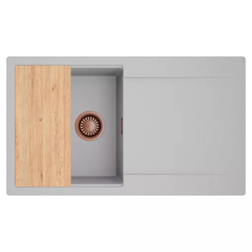 HD Onyx Grey 86 egymedencés gránit mosogatótálca, vágódeszkával, alpesi szürke színben, szálcsiszolt réz leeresztő szifonnal