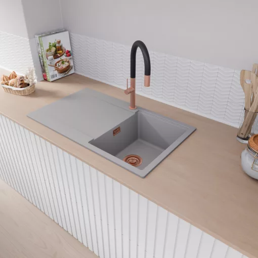 HD Onyx Grey 86 egymedencés gránit mosogatótálca, vágódeszkával, alpesi szürke színben, szálcsiszolt réz leeresztő szifonnal