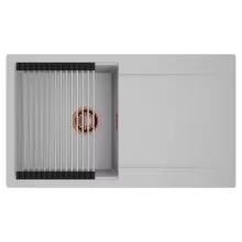 HD Onyx Grey 86 egymedencés mosogatótálca szett, acél csepegtetőráccsal, csepegtetőtálcával, alpesi szürke színben, szálcsiszolt réz leeresztő szifonnal