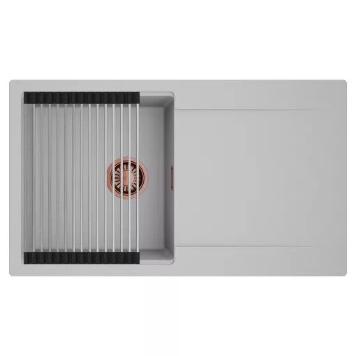 HD Onyx Grey 86 egymedencés mosogatótálca szett, acél csepegtetőráccsal, csepegtetőtálcával, alpesi szürke színben, szálcsiszolt réz leeresztő szifonnal