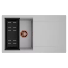 HD Onyx Grey 86 egymedencés mosogatótálca szett, matt fekete csepegtetőkosárral, csepegtetőtálcával, alpesi szürke színben, szálcsiszolt réz leeresztő szifonnal