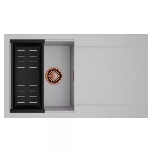 HD Onyx Grey 86 egymedencés mosogatótálca szett, matt fekete csepegtetőkosárral, csepegtetőtálcával, alpesi szürke színben, szálcsiszolt réz leeresztő szifonnal