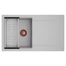 HD Onyx Grey 86 egymedencés mosogatótálca szett, acél csepegtetőkosárral, csepegtetőtálcával, alpesi szürke színben, szálcsiszolt réz leeresztő szifonnal