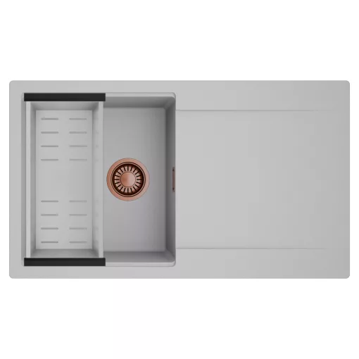 HD Onyx Grey 86 egymedencés mosogatótálca szett, acél csepegtetőkosárral, csepegtetőtálcával, alpesi szürke színben, szálcsiszolt réz leeresztő szifonnal