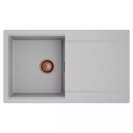HD Onyx Grey 86 egymedencés mosogatótálca, csepegtetőtálcával, alpesi szürke színben, szálcsiszolt réz leeresztő szifonnal