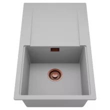 HD Onyx Grey 86 egymedencés mosogatótálca, csepegtetőtálcával, alpesi szürke színben, szálcsiszolt réz leeresztő szifonnal