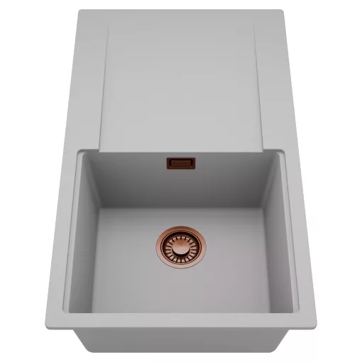 HD Onyx Grey 86 egymedencés mosogatótálca, csepegtetőtálcával, alpesi szürke színben, szálcsiszolt réz leeresztő szifonnal