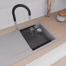 HD Onyx Grey 86 egymedencés mosogatótálca szett, matt fekete csepegtetőráccsal és krómozott kosárral, csepegtetőtálcával, alpesi szürke színben