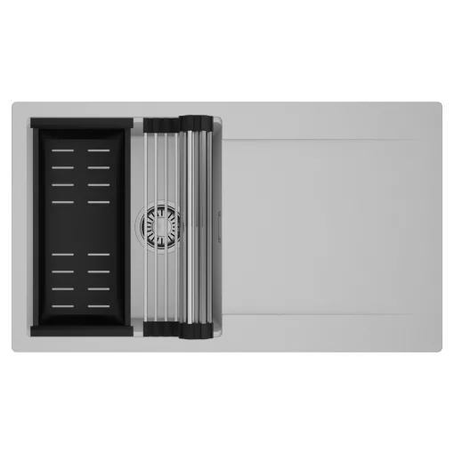 HD Onyx Grey 86 egymedencés mosogatótálca szett, acél csepegtetőráccsal és matt fekete kosárral, csepegtetőtálcával, alpesi szürke színben