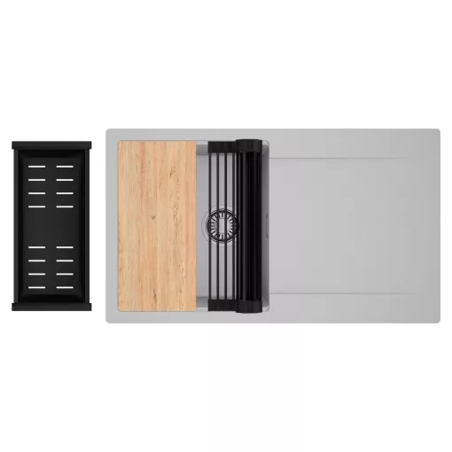 HD Onyx Grey 86 egymedencés gránit mosogatótálca szett, csepegtetőtálcával, vágódeszkával, matt fekete csepegtetőráccsal és kosárral, alpesi szürke színben