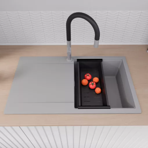 HD Onyx Grey 86 egymedencés gránit mosogatótálca szett, csepegtetőtálcával, vágódeszkával, matt fekete csepegtetőráccsal és kosárral, alpesi szürke színben