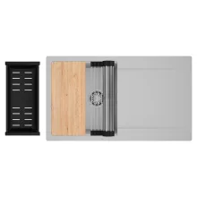 HD Onyx Grey 86 egymedencés gránit mosogatótálca szett, csepegtetőtálcával, vágódeszkával, acél csepegtetőráccsal és matt fekete kosárral, alpesi szürke színben