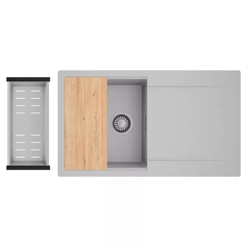 HD Onyx Grey 86 egymedencés gránit mosogatótálca szett, csepegtetőtálcával, vágódeszkával, acél csepegtetőkosárral, alpesi szürke színben