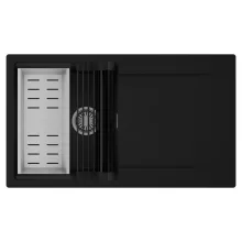 HD Onyx Black 86 egymedencés mosogatótálca szett, matt fekete csepegtetőráccsal és krómozott kosárral, csepegtetőtálcával, matt fekete színben, szálcsiszolt króm leeresztő szifonnal