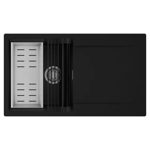 HD Onyx Black 86 egymedencés mosogatótálca szett, matt fekete csepegtetőráccsal és krómozott kosárral, csepegtetőtálcával, matt fekete színben, szálcsiszolt króm leeresztő szifonnal